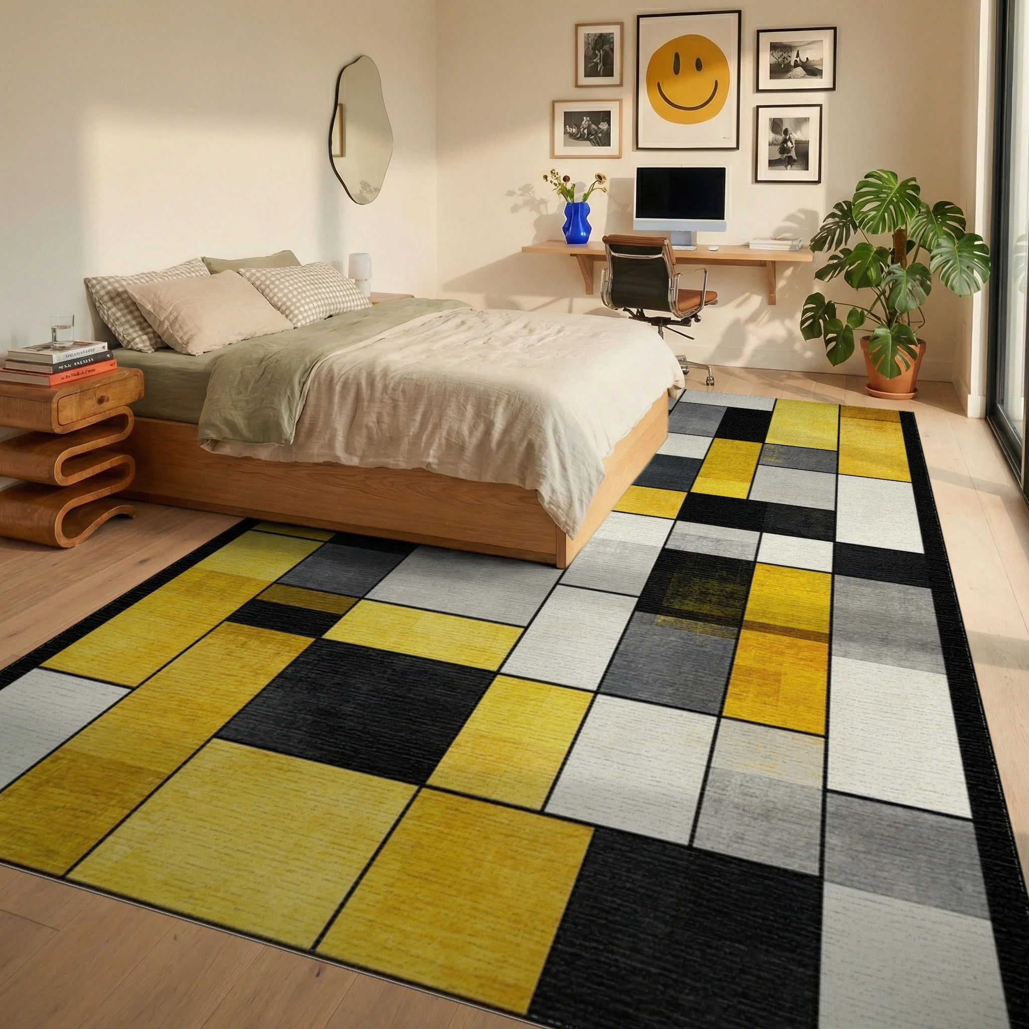 Modern Abstract Geometric Yellow Gray Artwork Rug Bedroom View