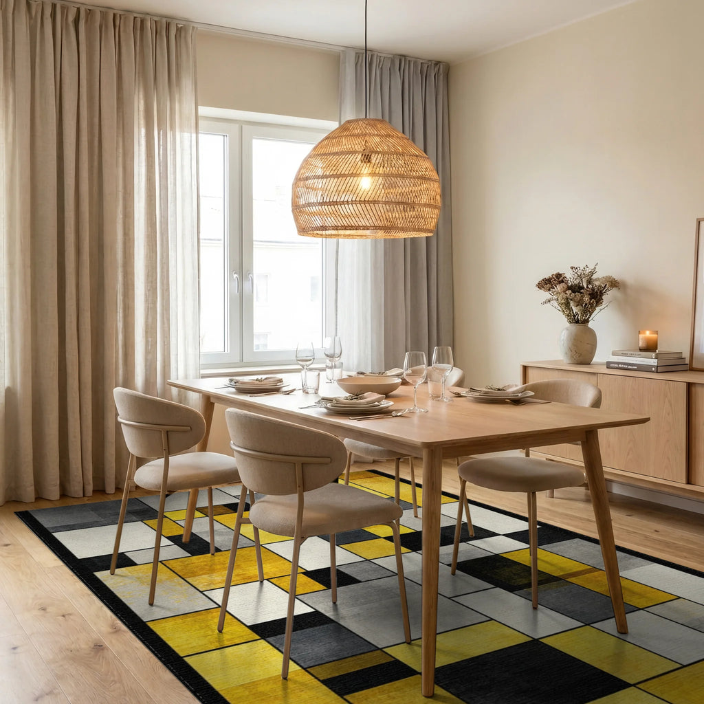 Modern Abstract Geometric Yellow Gray Artwork Rug Dining Room View