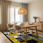 Modern Abstract Geometric Yellow Gray Artwork Rug Dining Room View