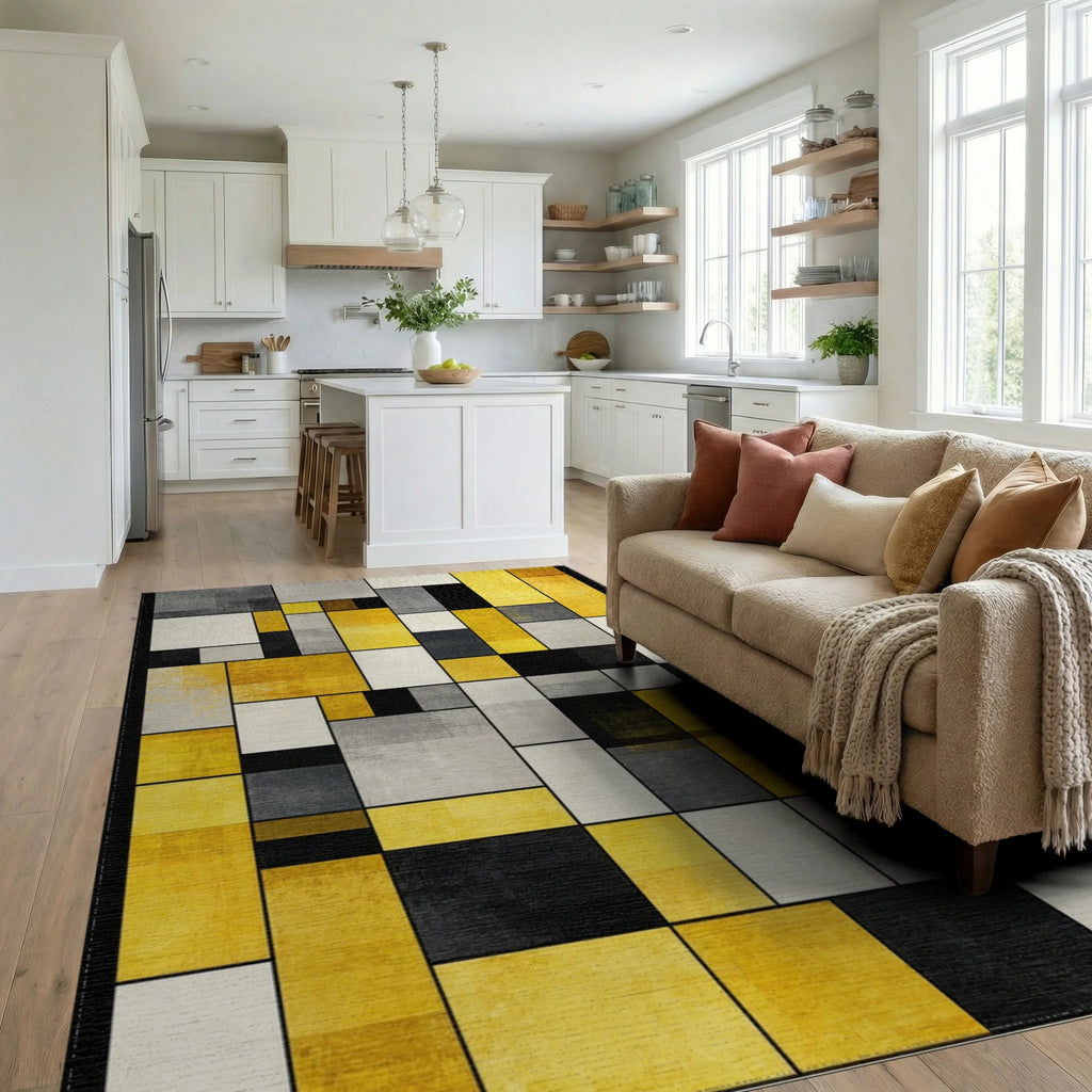 Modern Abstract Geometric Yellow Gray Artwork Rug Living Room View