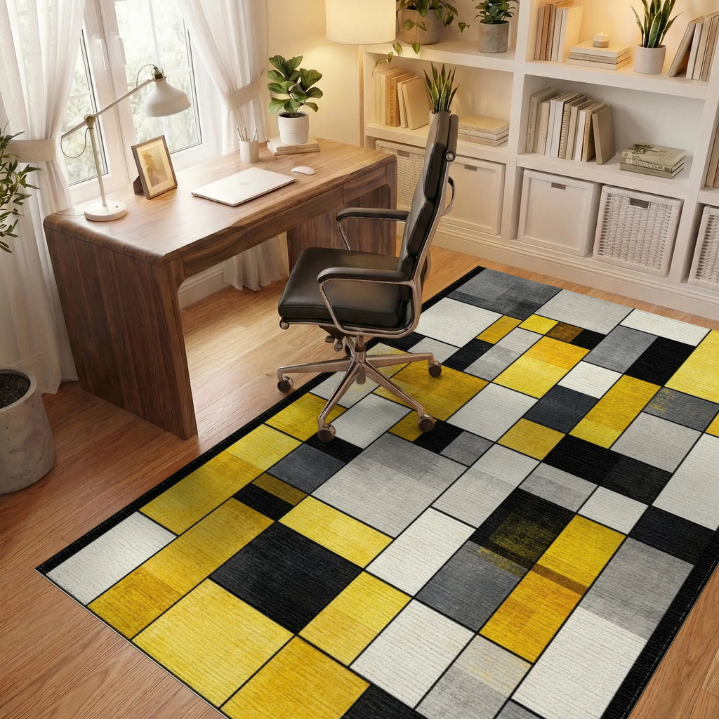 Modern Abstract Geometric Yellow Gray Artwork Rug Office View