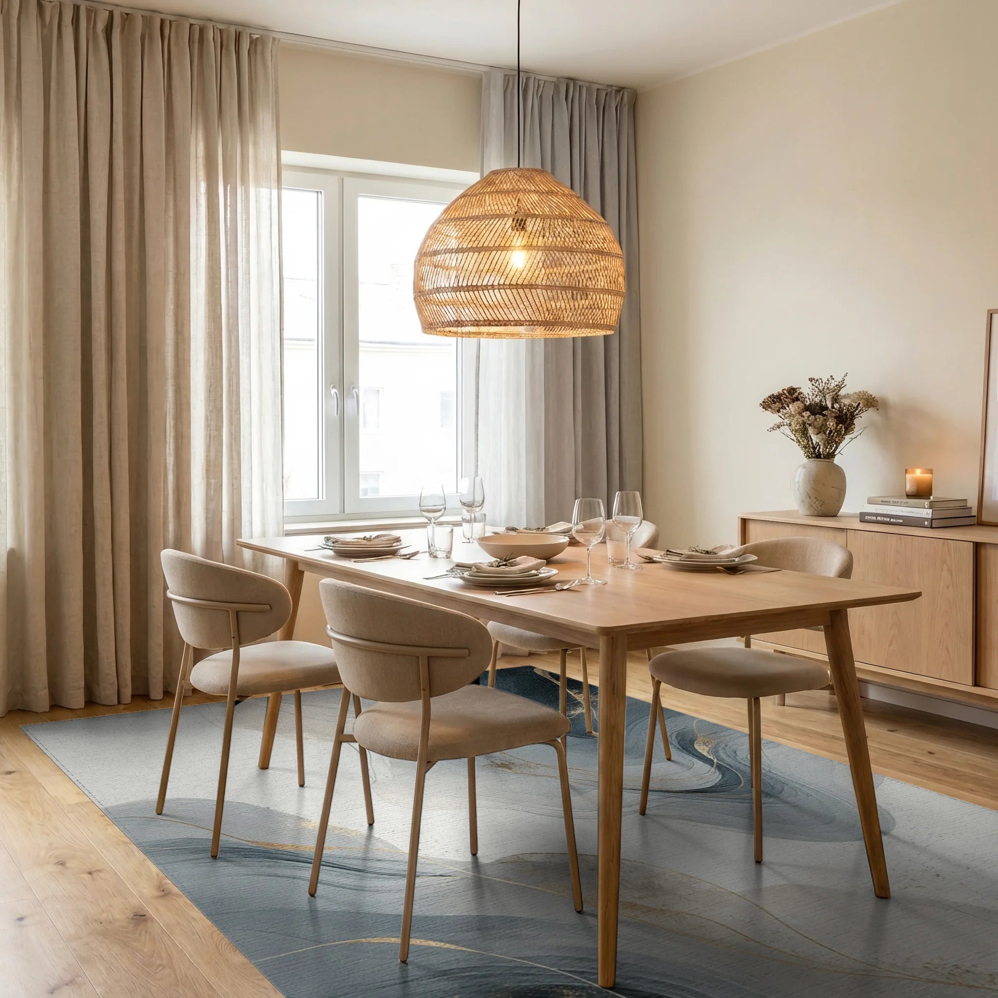 Modern Abstract Gold Swirl Rug Dining Room View