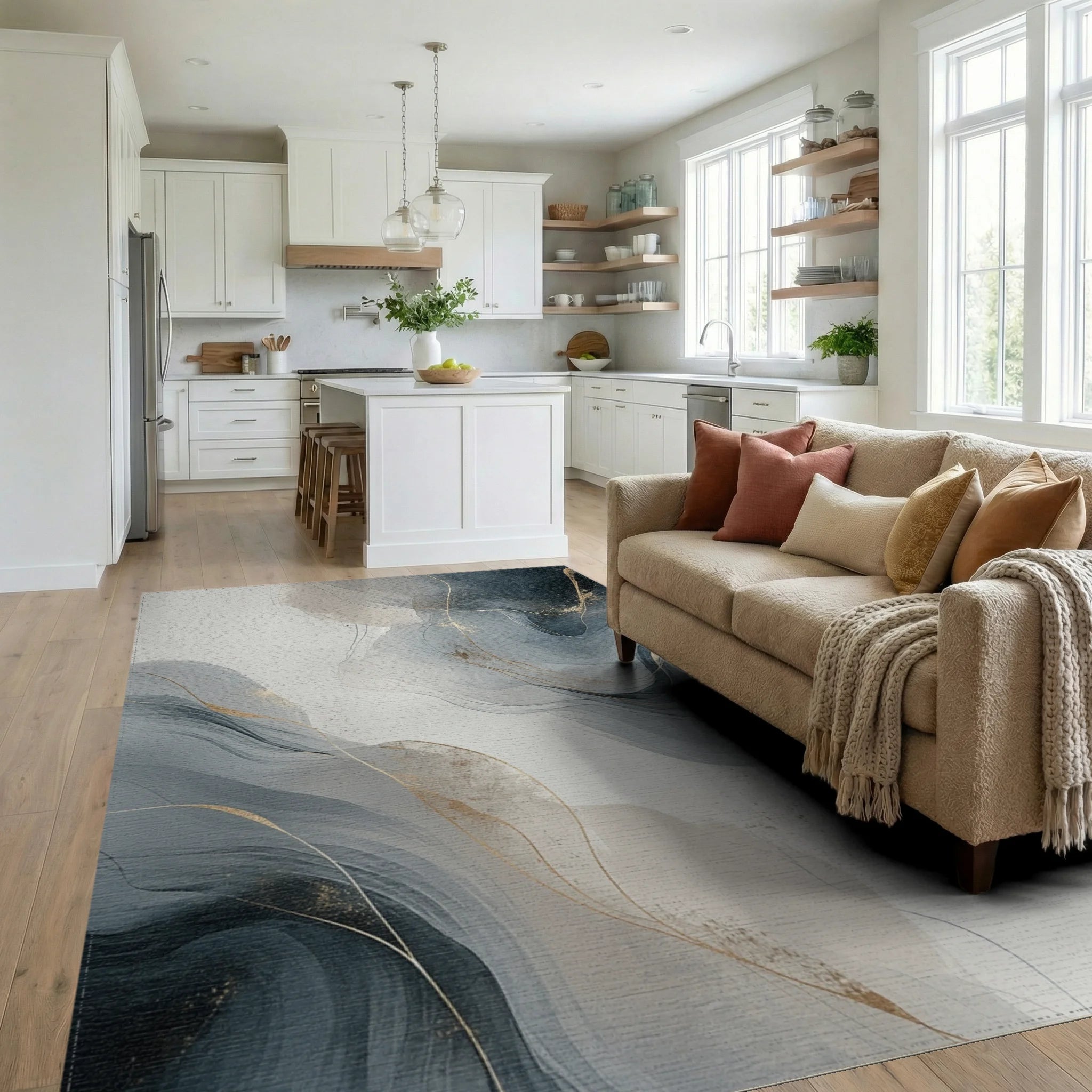Modern Abstract Gold Swirl Rug Living Room View
