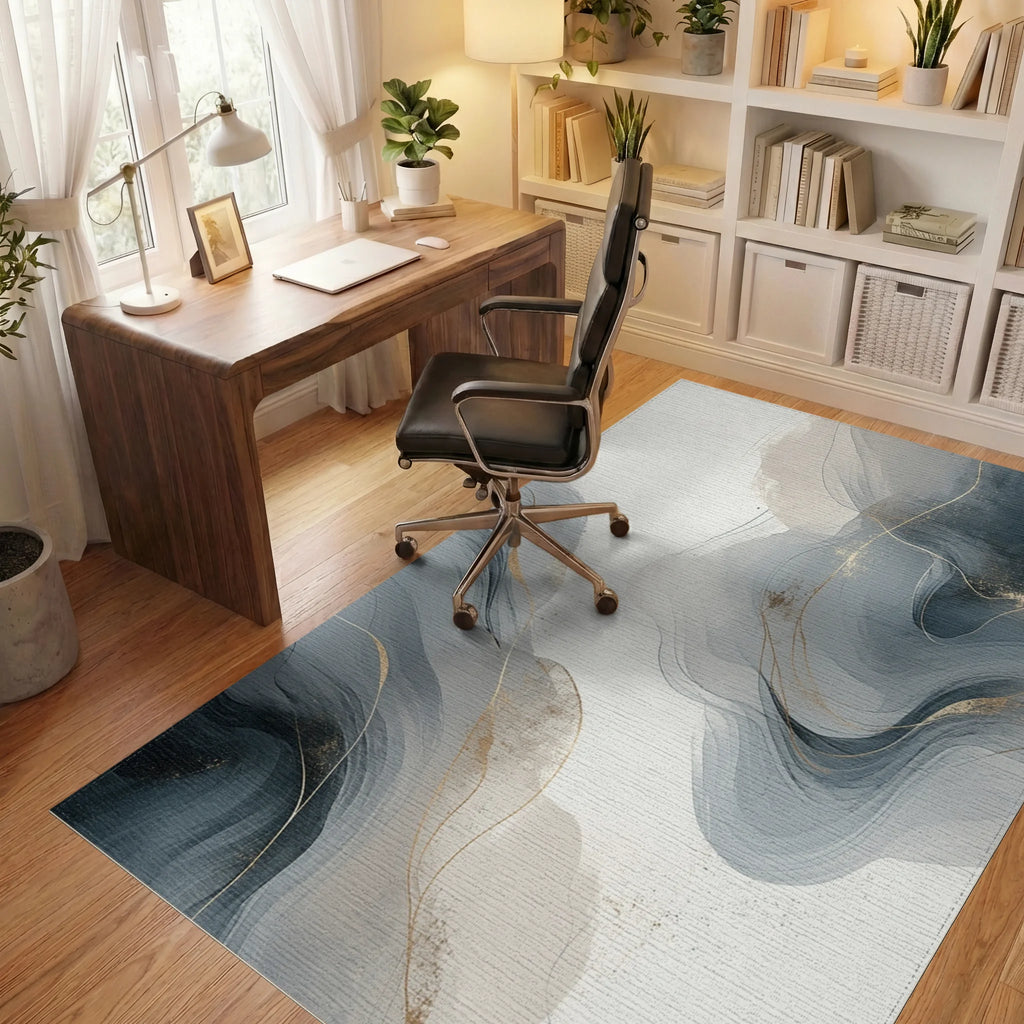 Modern Abstract Gold Swirl Rug Office View