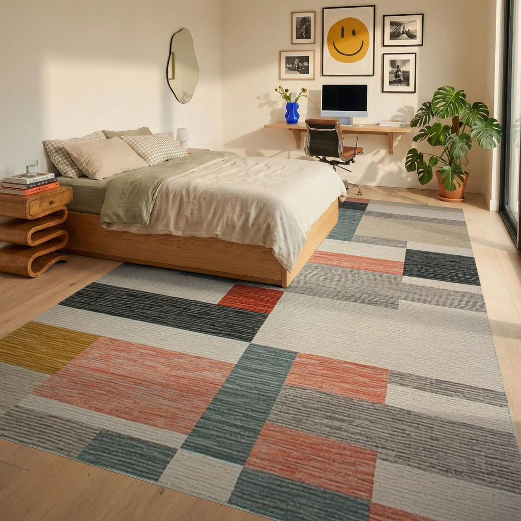Modern Abstract Multicolored Blocked Area Rug Bedroom View