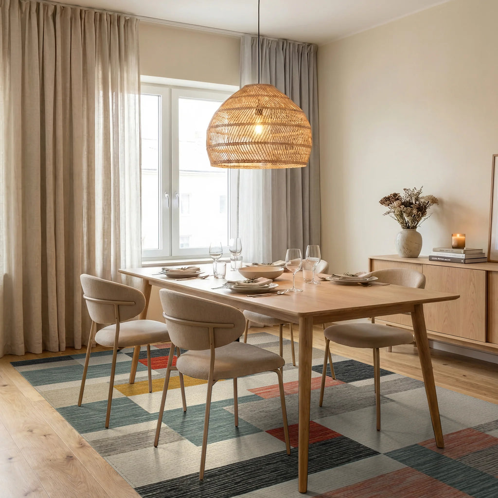 Modern Abstract Multicolored Blocked Area Rug Dining Room View