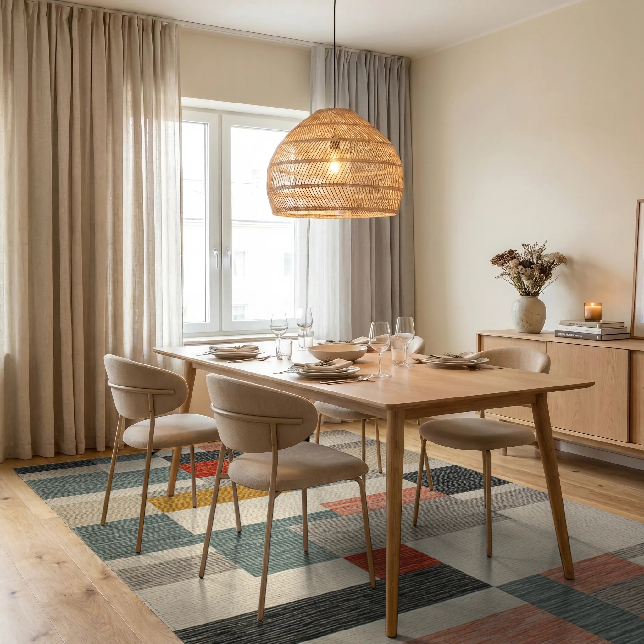 Modern Abstract Multicolored Blocked Area Rug Dining Room View