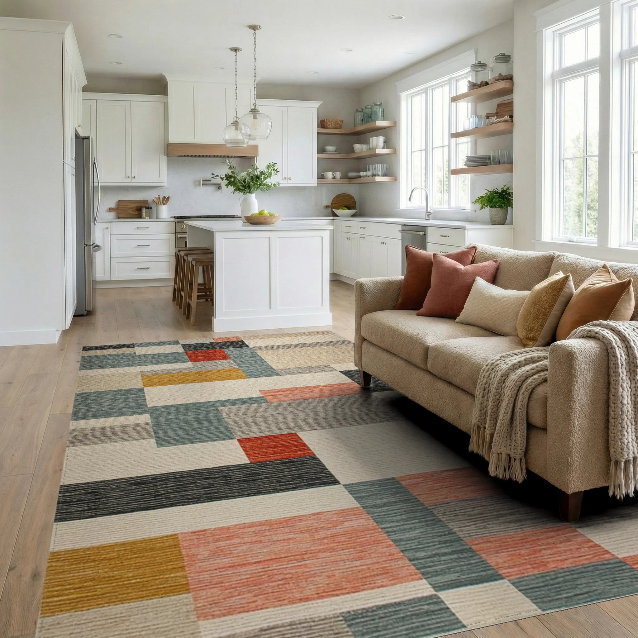 Modern Abstract Multicolored Blocked Area Rug Living Room View
