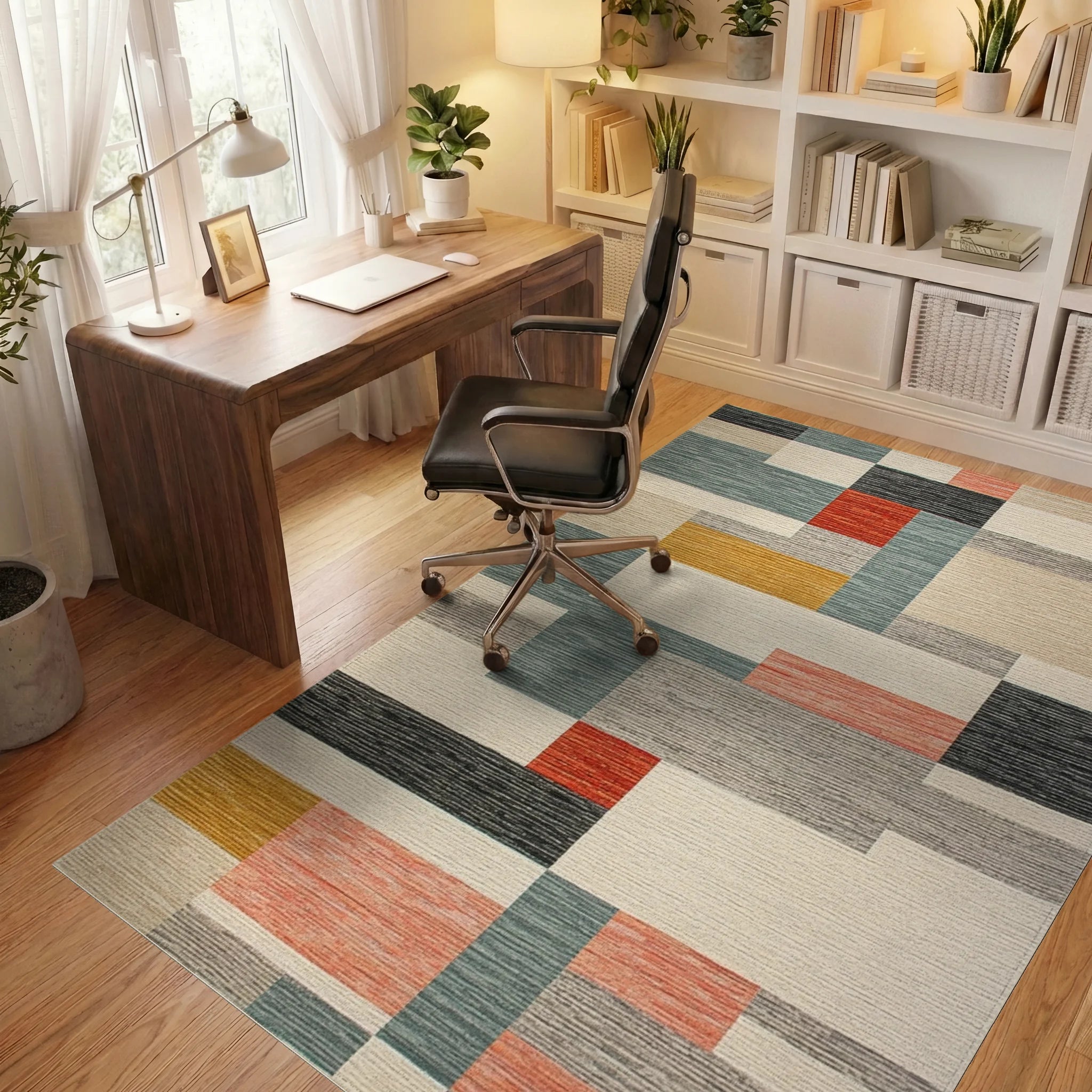 Modern Abstract Multicolored Blocked Area Rug Office View