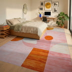 Modern Abstract Orange Pink Geometric Rug - Bedroom View