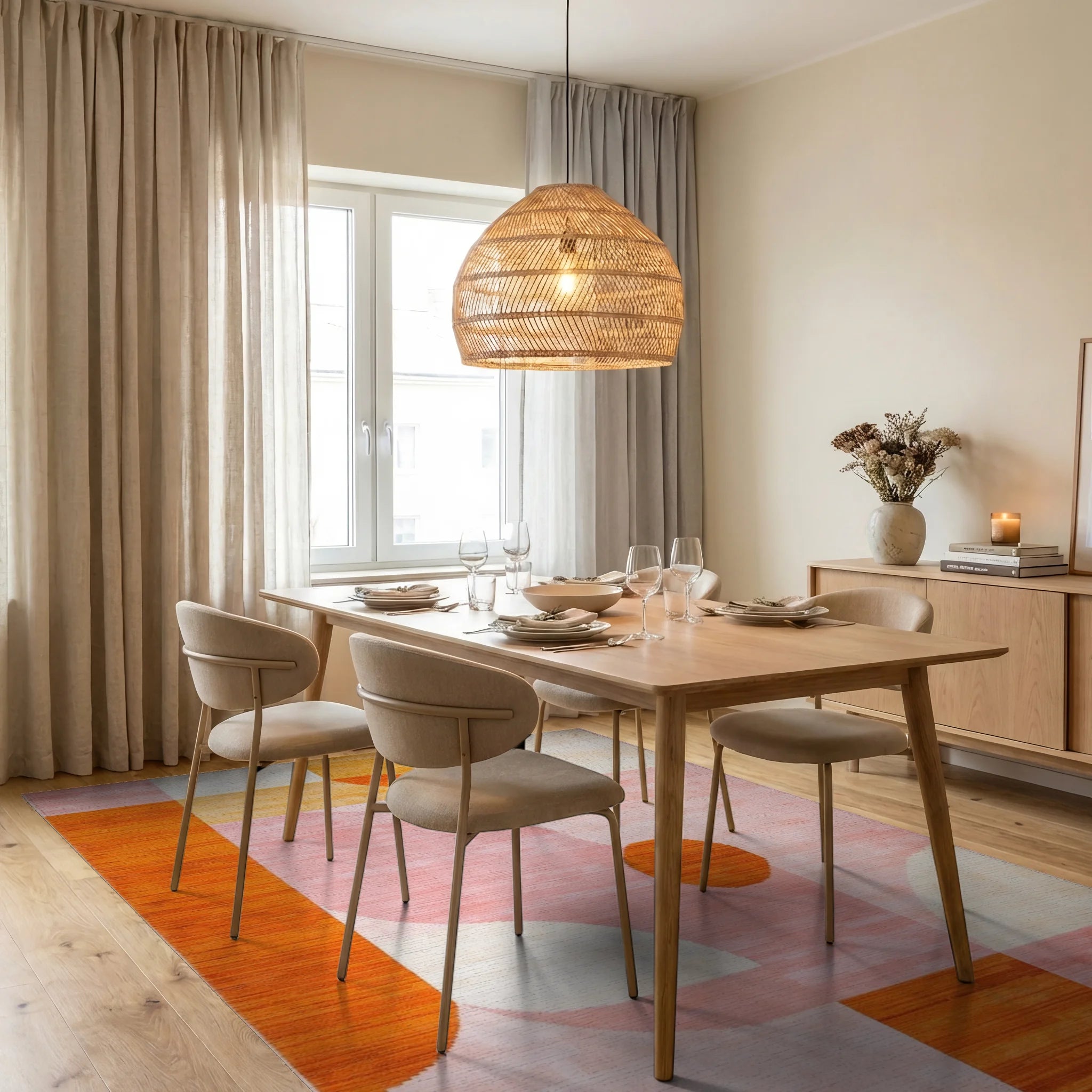 Modern Abstract Orange Pink Geometric Rug - Dining Room View