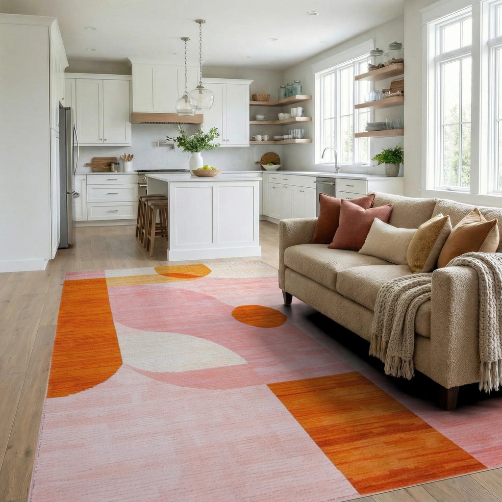 Modern Abstract Orange Pink Geometric Rug - Living Room View