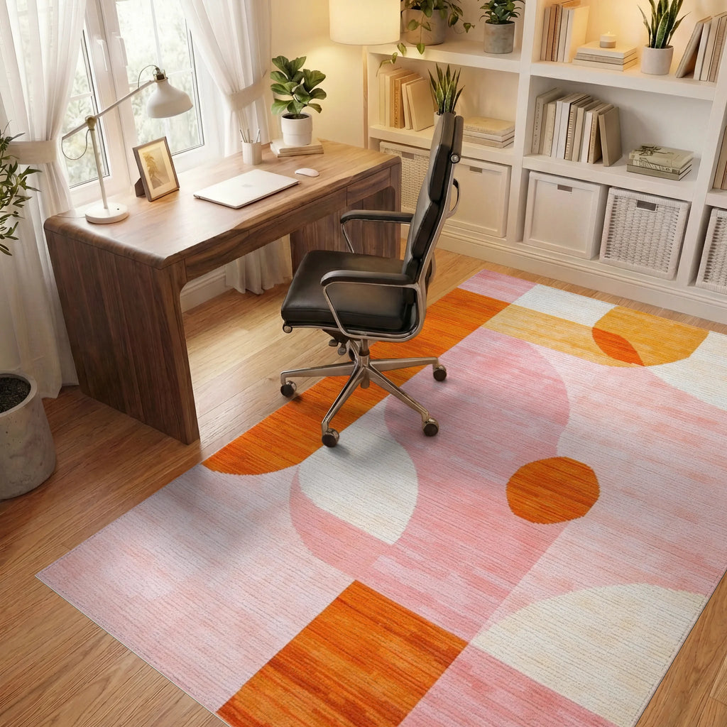 Modern Abstract Orange Pink Geometric Rug - Office View