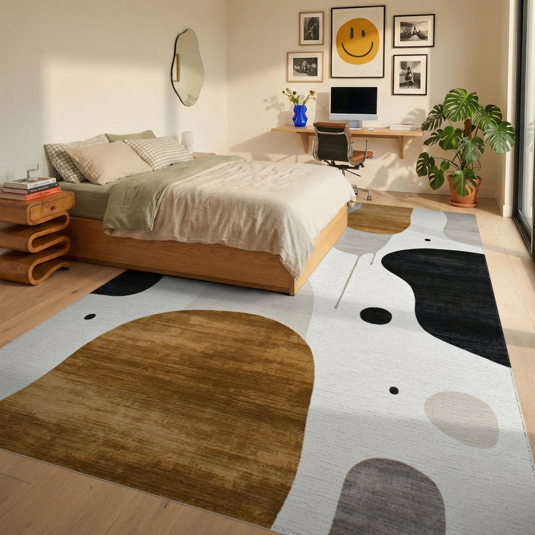 Modern Abstract Organic Shapes Earthy Tones Rug Bedroom View