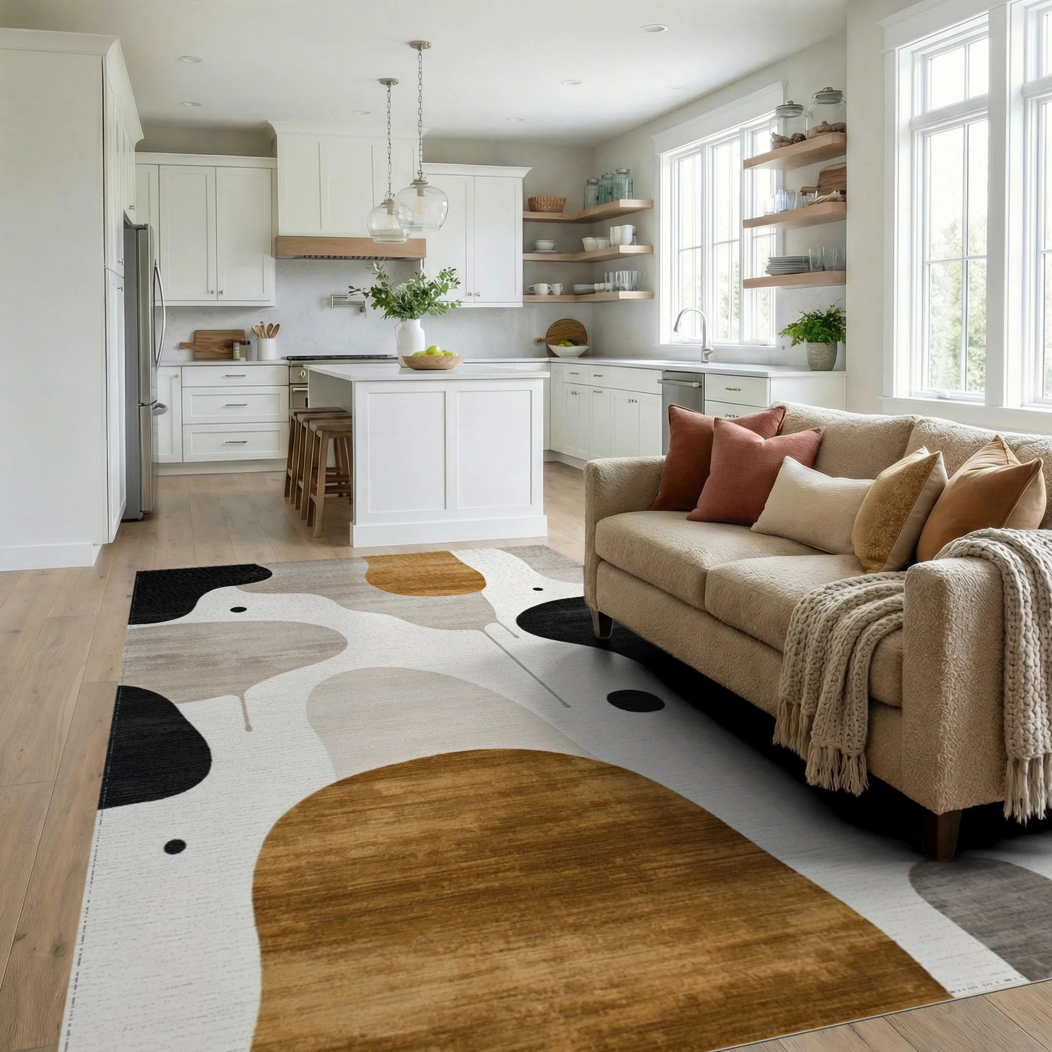 Modern Abstract Organic Shapes Earthy Tones Rug Living Room View