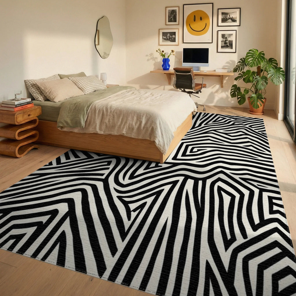 Modern Abstract Striped Maze Pattern Rug - Bedroom View
