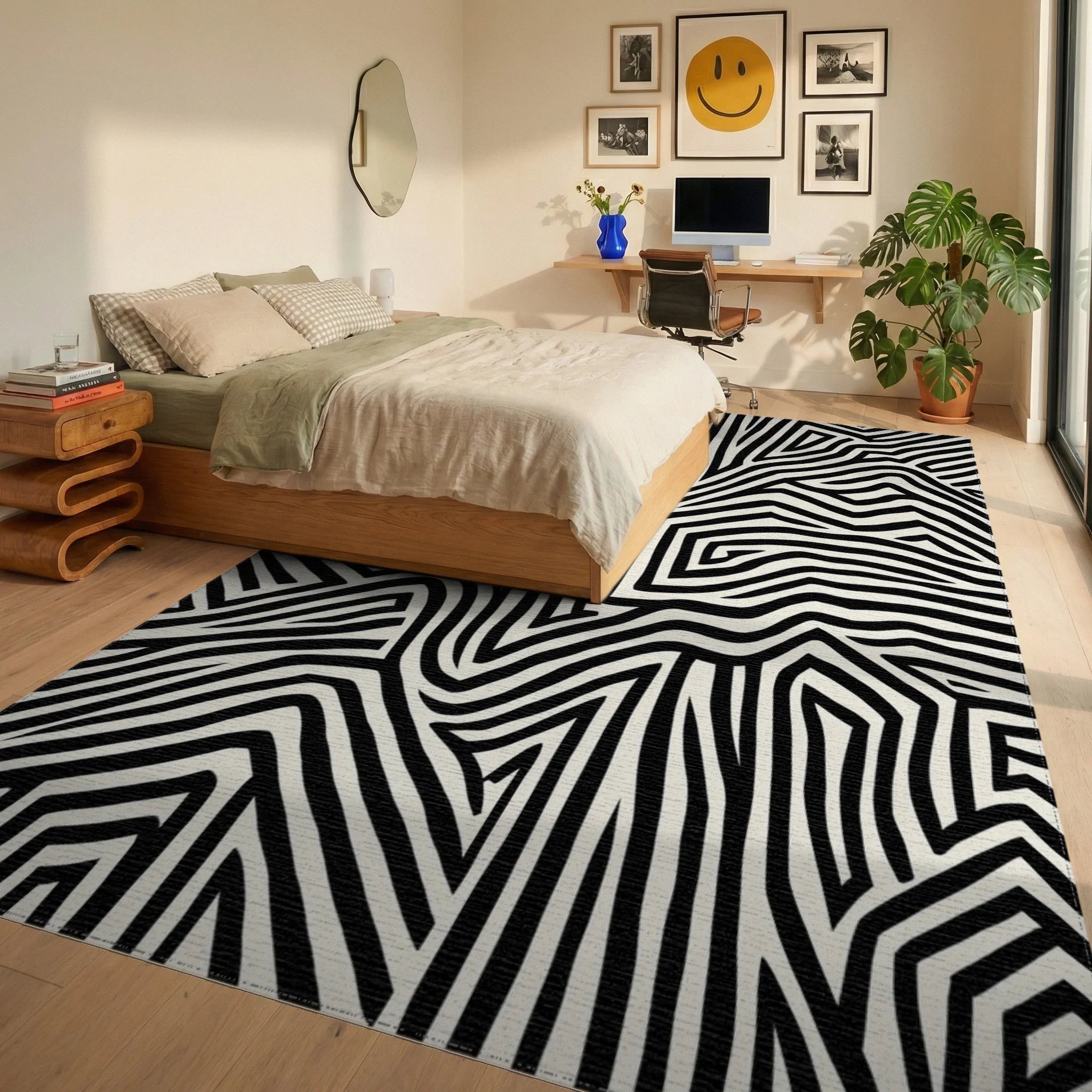 Modern Abstract Striped Maze Pattern Rug - Bedroom View
