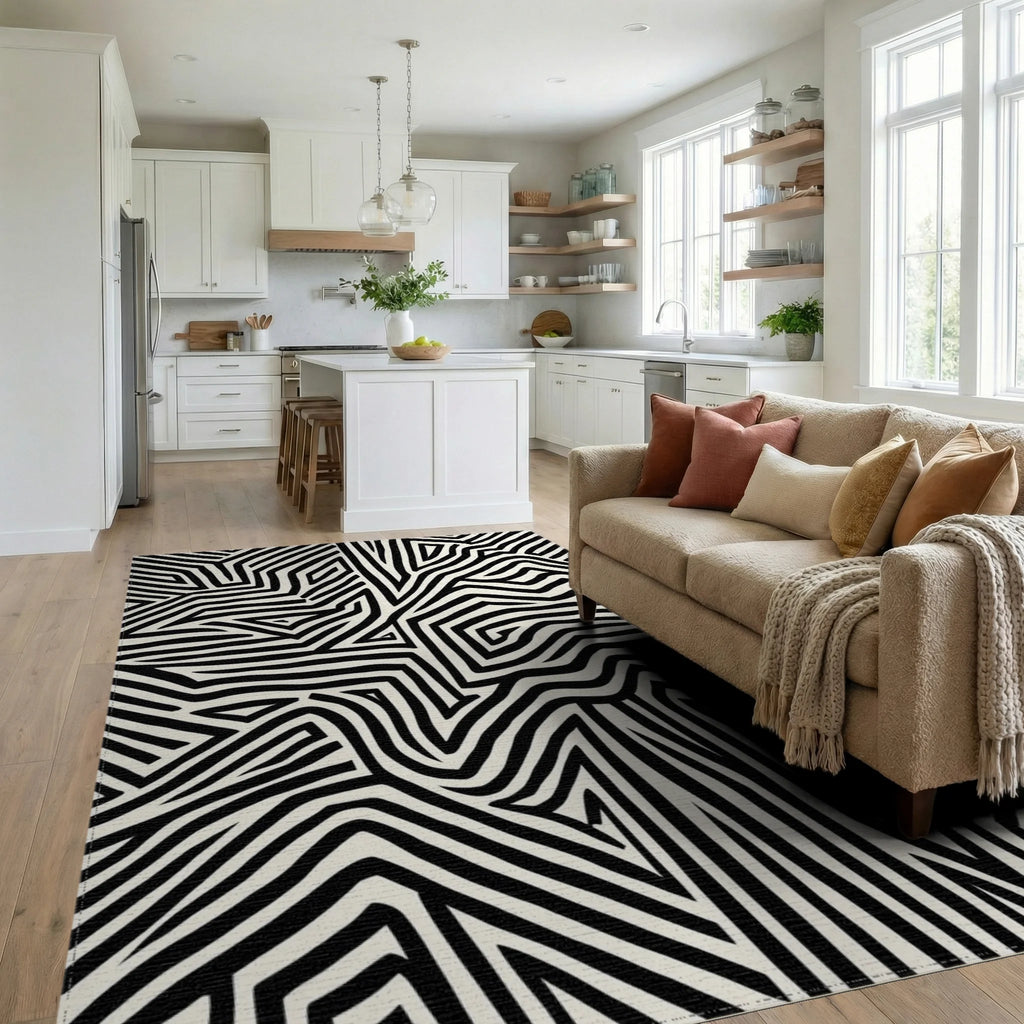 Modern Abstract Striped Maze Pattern Rug - Living Room View