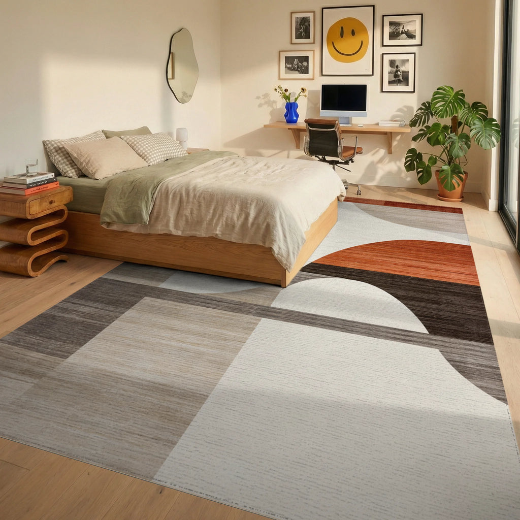 Modern Abstract Terracotta Geometric Rug - Bedroom View