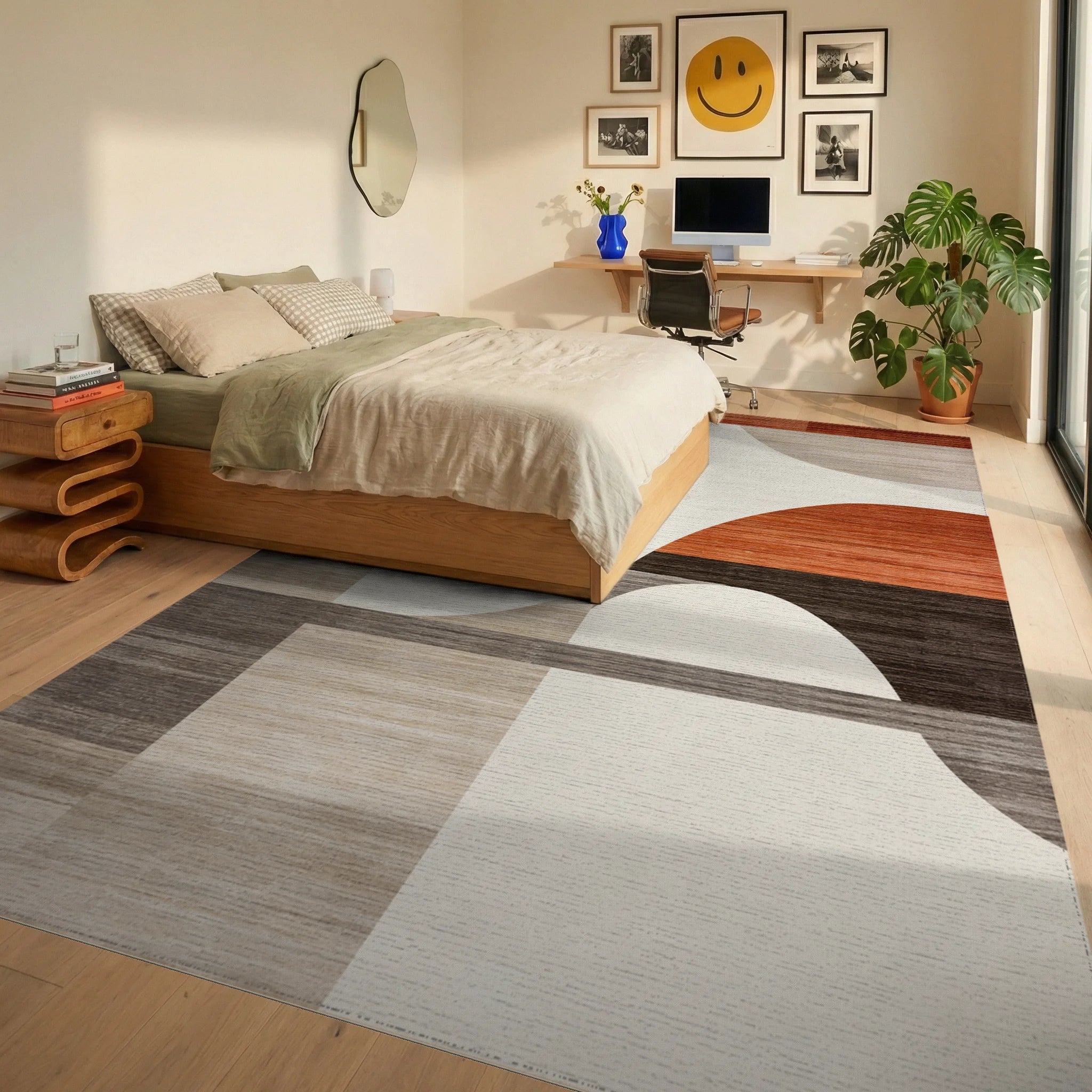 Modern Abstract Terracotta Geometric Rug - Bedroom View