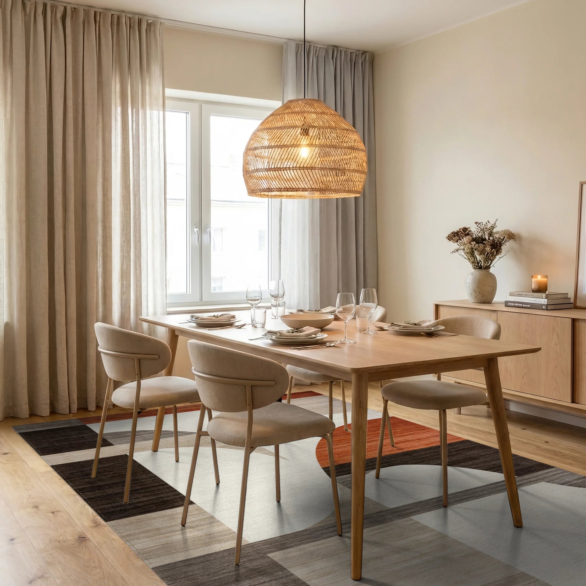 Modern Abstract Terracotta Geometric Rug - Dining Room View