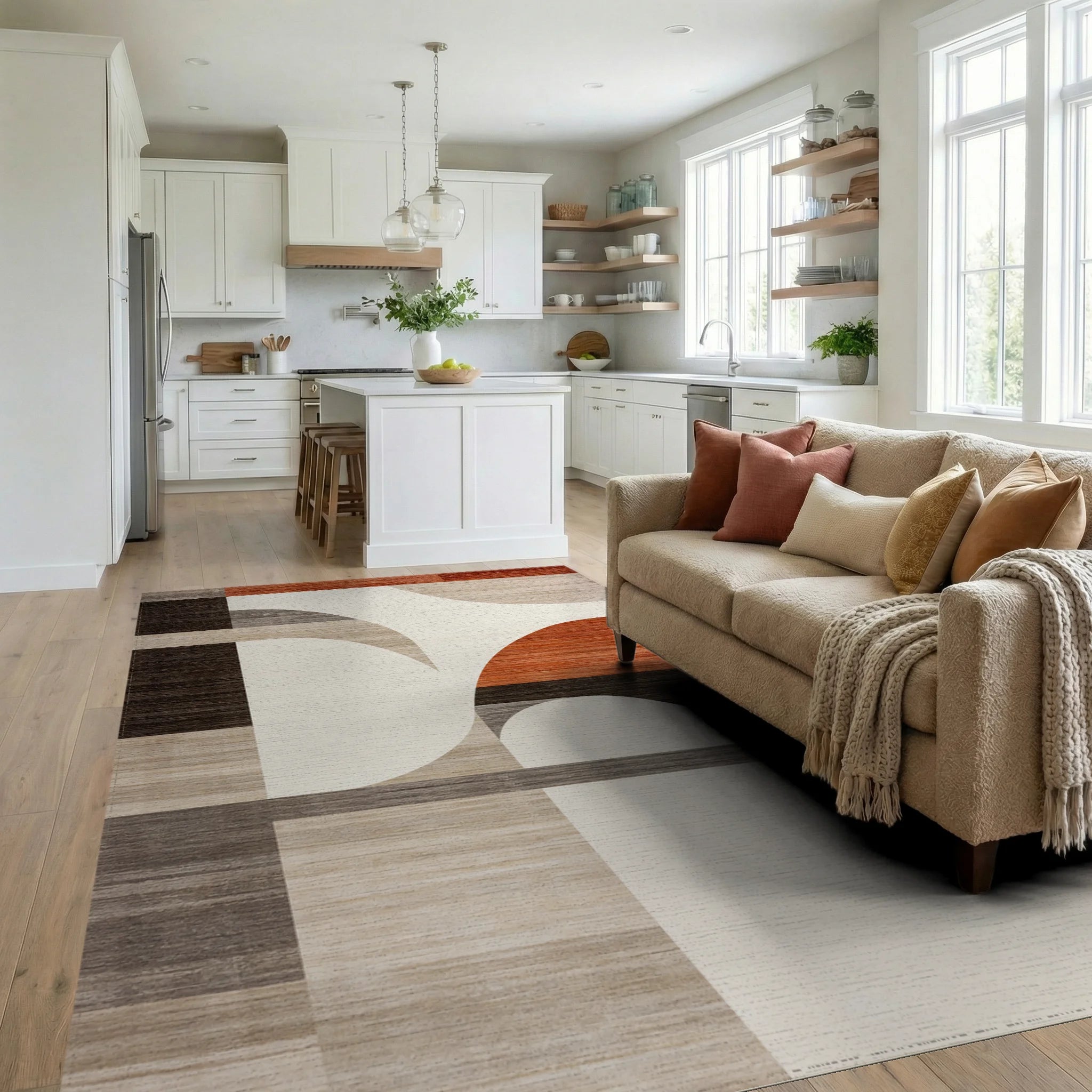 Modern Abstract Terracotta Geometric Rug - Living Room View