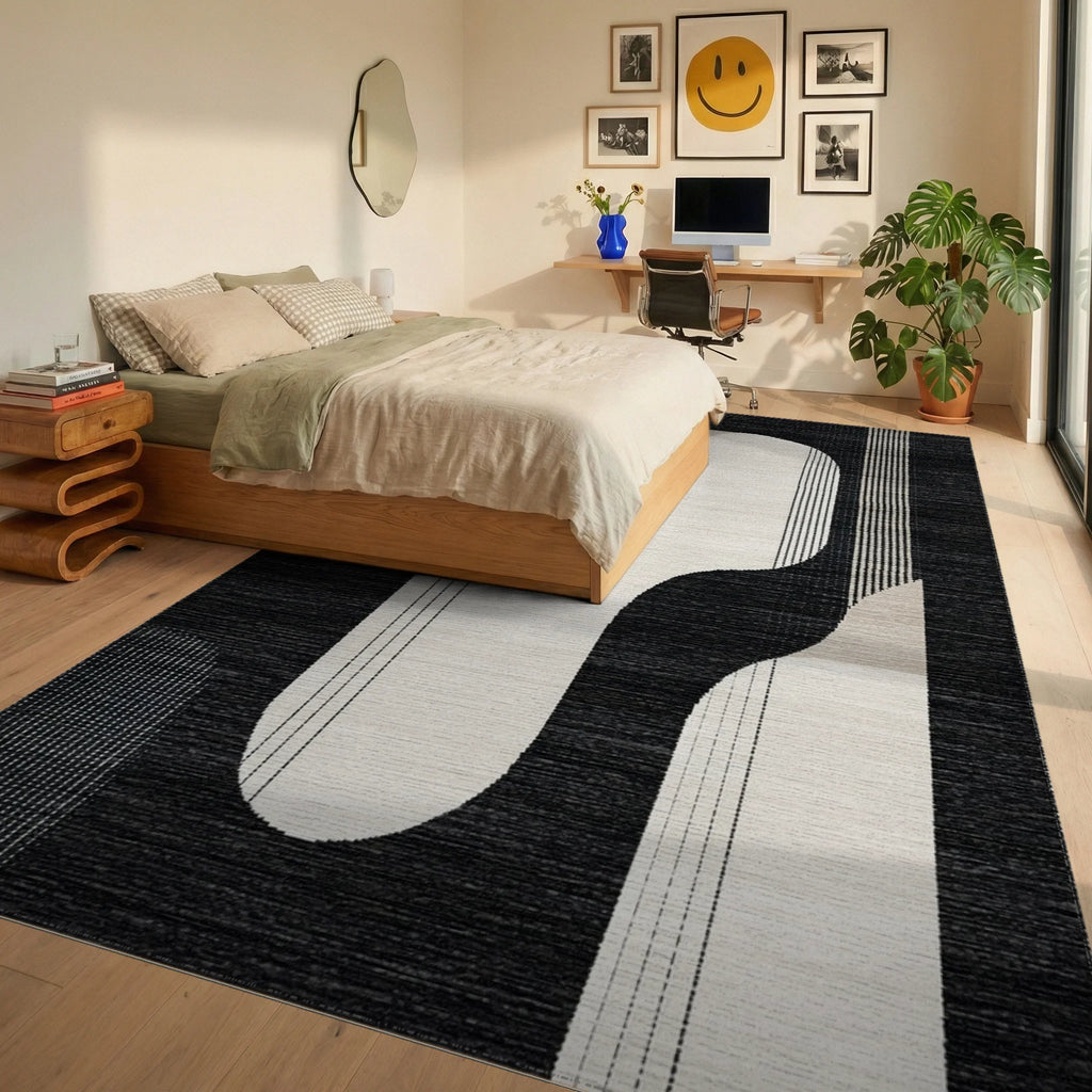 Modern Black Beige Abstract Organic Shape Rug - Bedroom View