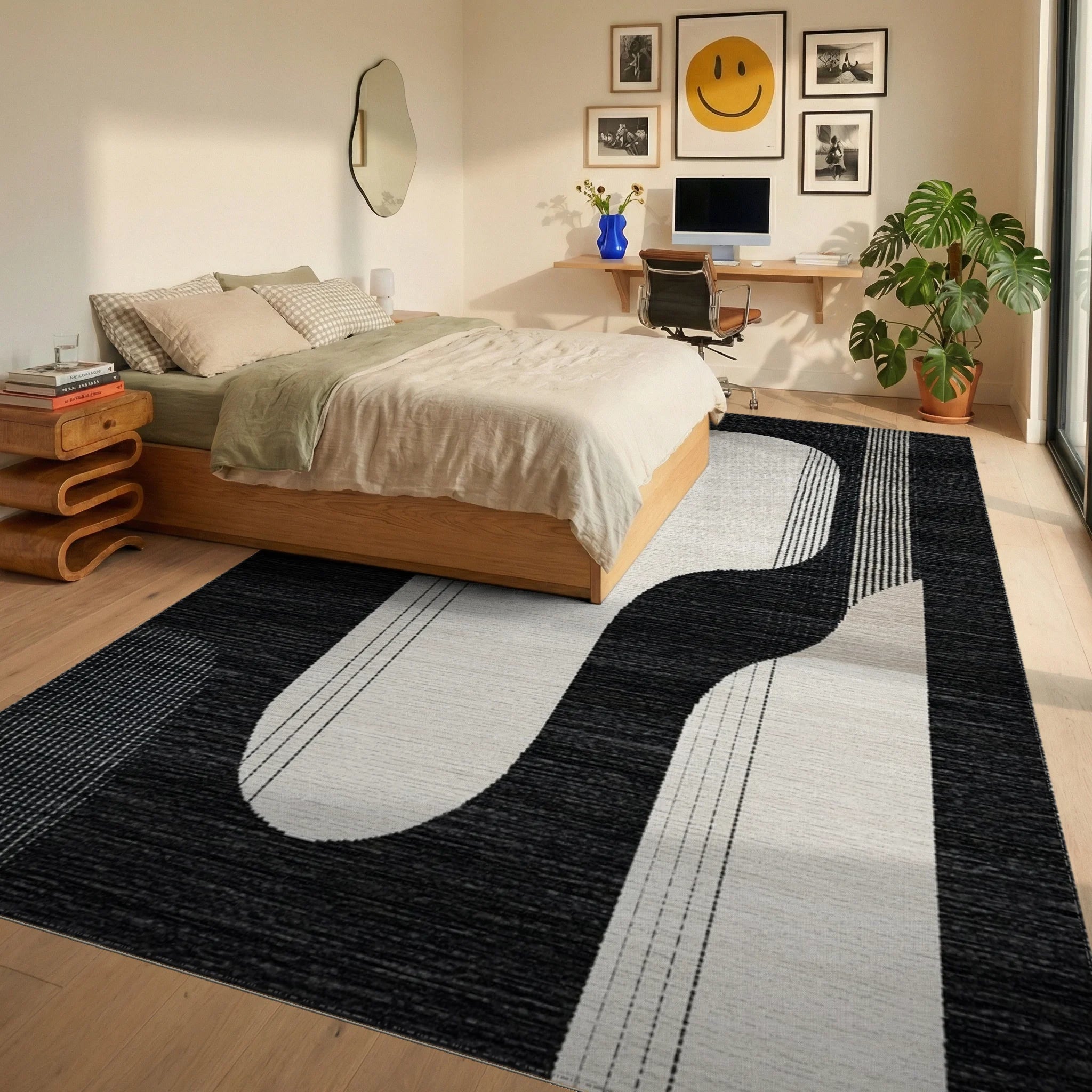 Modern Black Beige Abstract Organic Shape Rug - Bedroom View