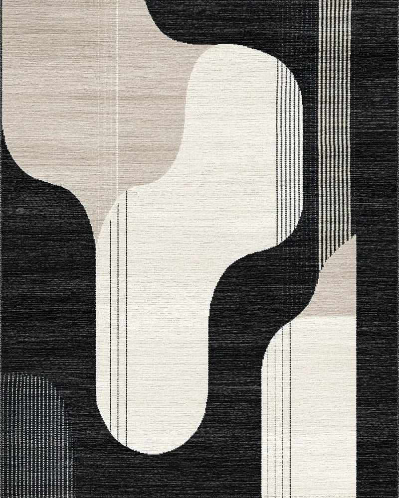 Modern Black Beige Abstract Organic Shape Rug - Cutout View