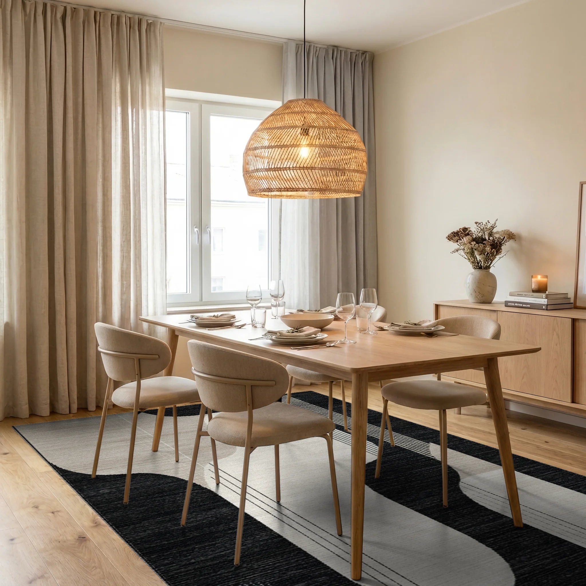 Modern Black Beige Abstract Organic Shape Rug - Dining Room View