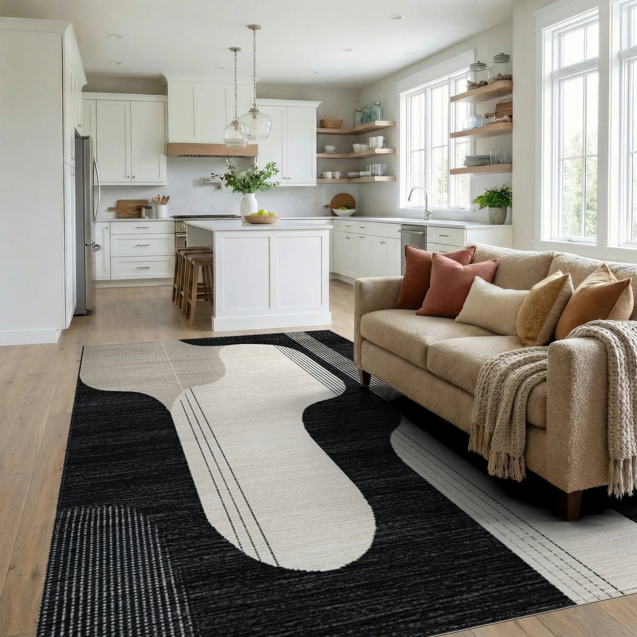 Modern Black Beige Abstract Organic Shape Rug - Living Room View