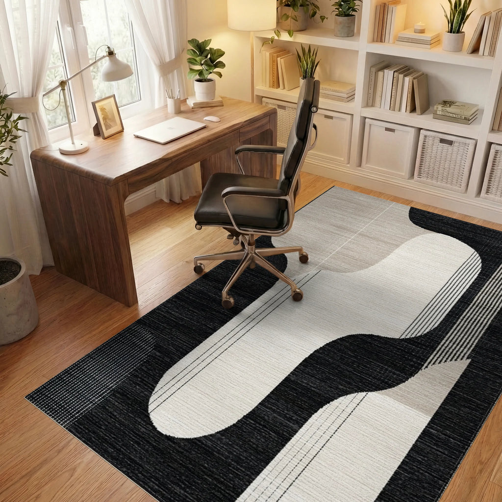 Modern Black Beige Abstract Organic Shape Rug - Office View