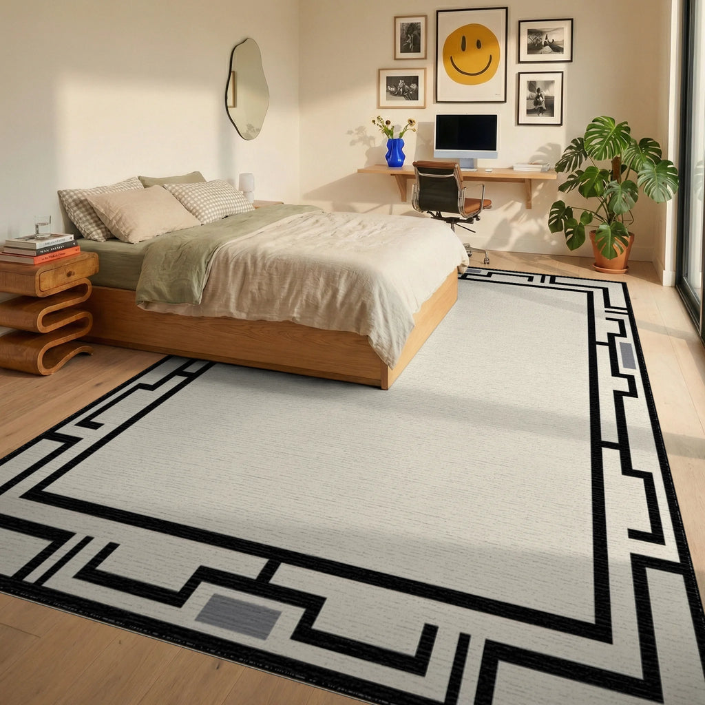 Modern Black Geometric Cream Frame Rug - Bedroom View