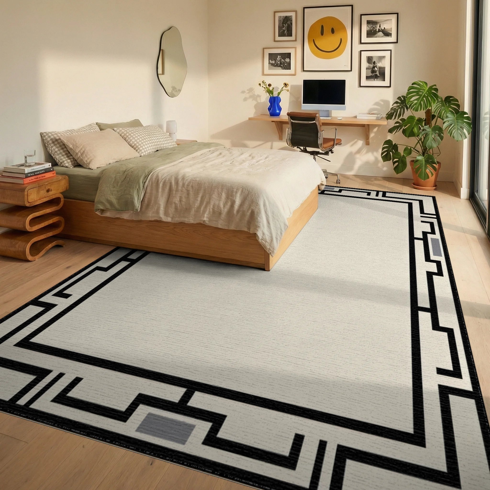 Modern Black Geometric Cream Frame Rug - Bedroom View