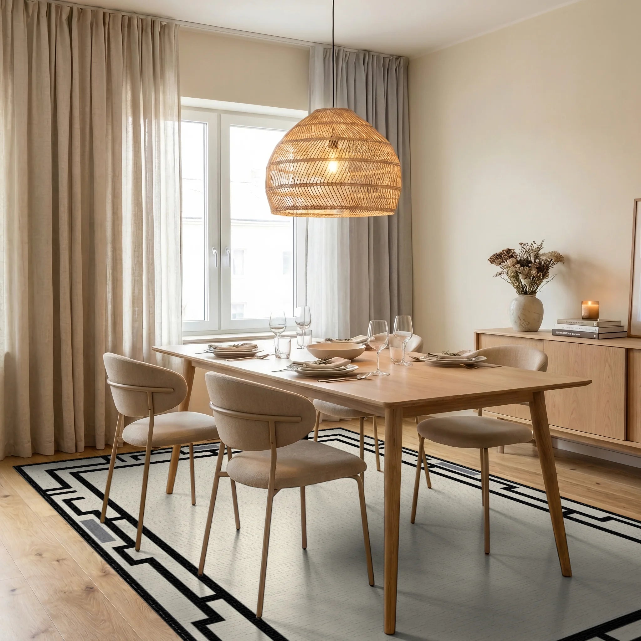 Modern Black Geometric Cream Frame Rug - Dining Room View