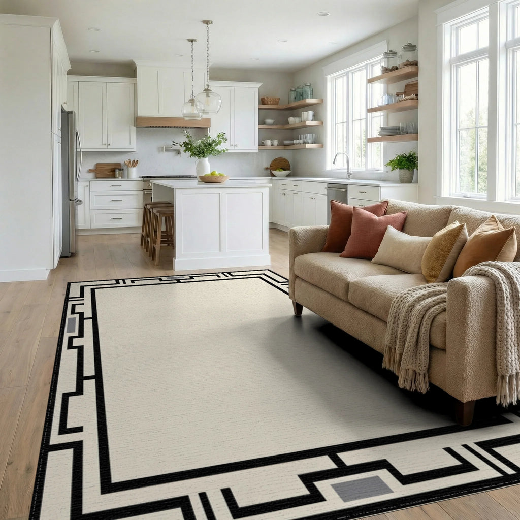 Modern Black Geometric Cream Frame Rug - Living Room View
