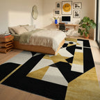 Modern Black Gold Geometric Design Rug - Bedroom View