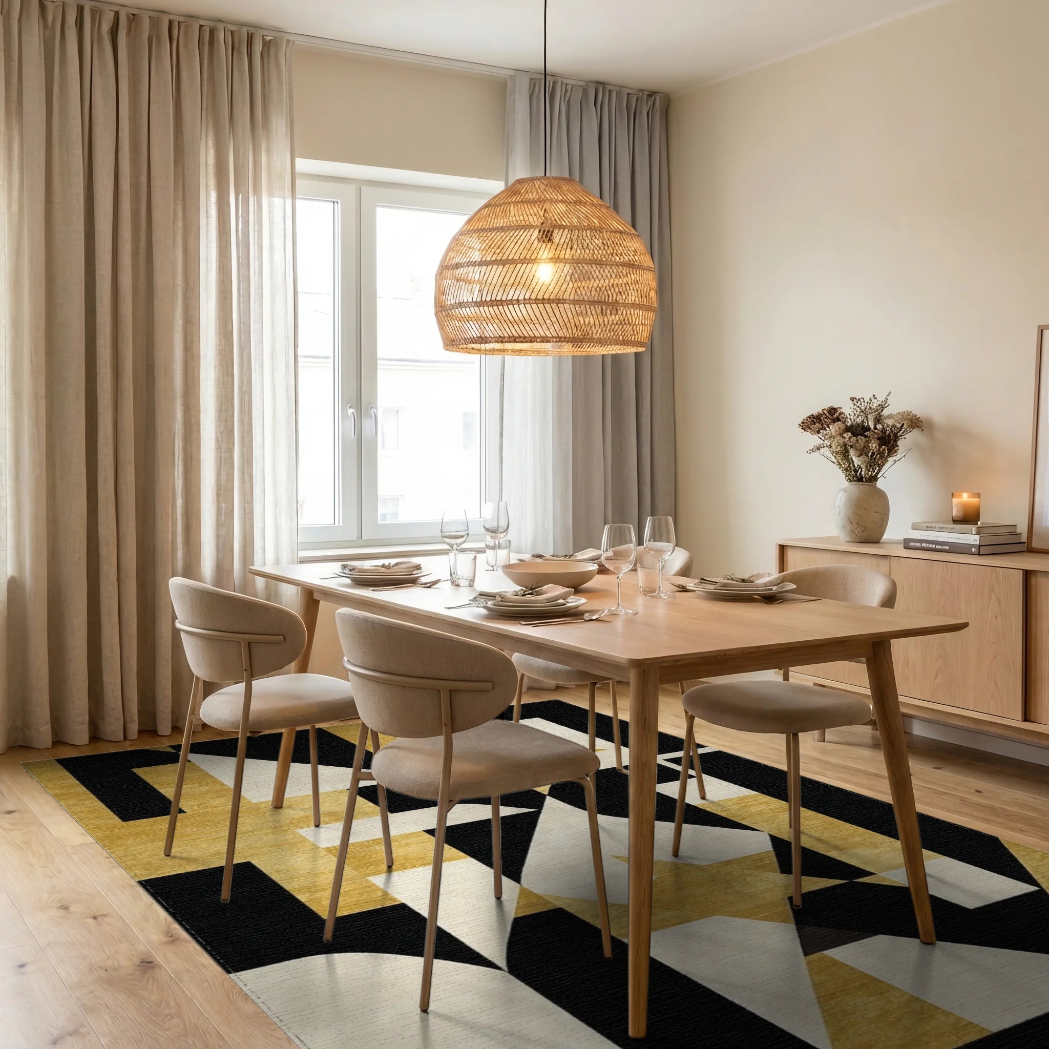 Modern Black Gold Geometric Design Rug - Dining Room View
