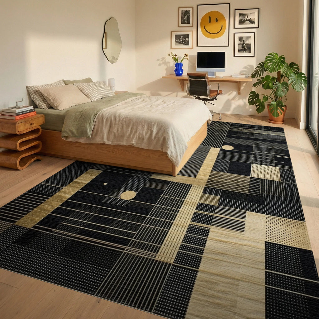Modern Black Gold Geometric Rectangles Rug Bedroom View
