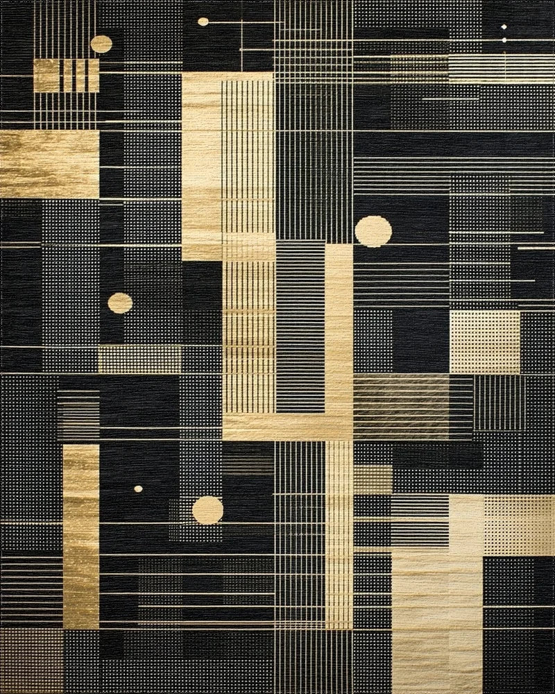 Modern Black Gold Geometric Rectangles Rug - Cutout View