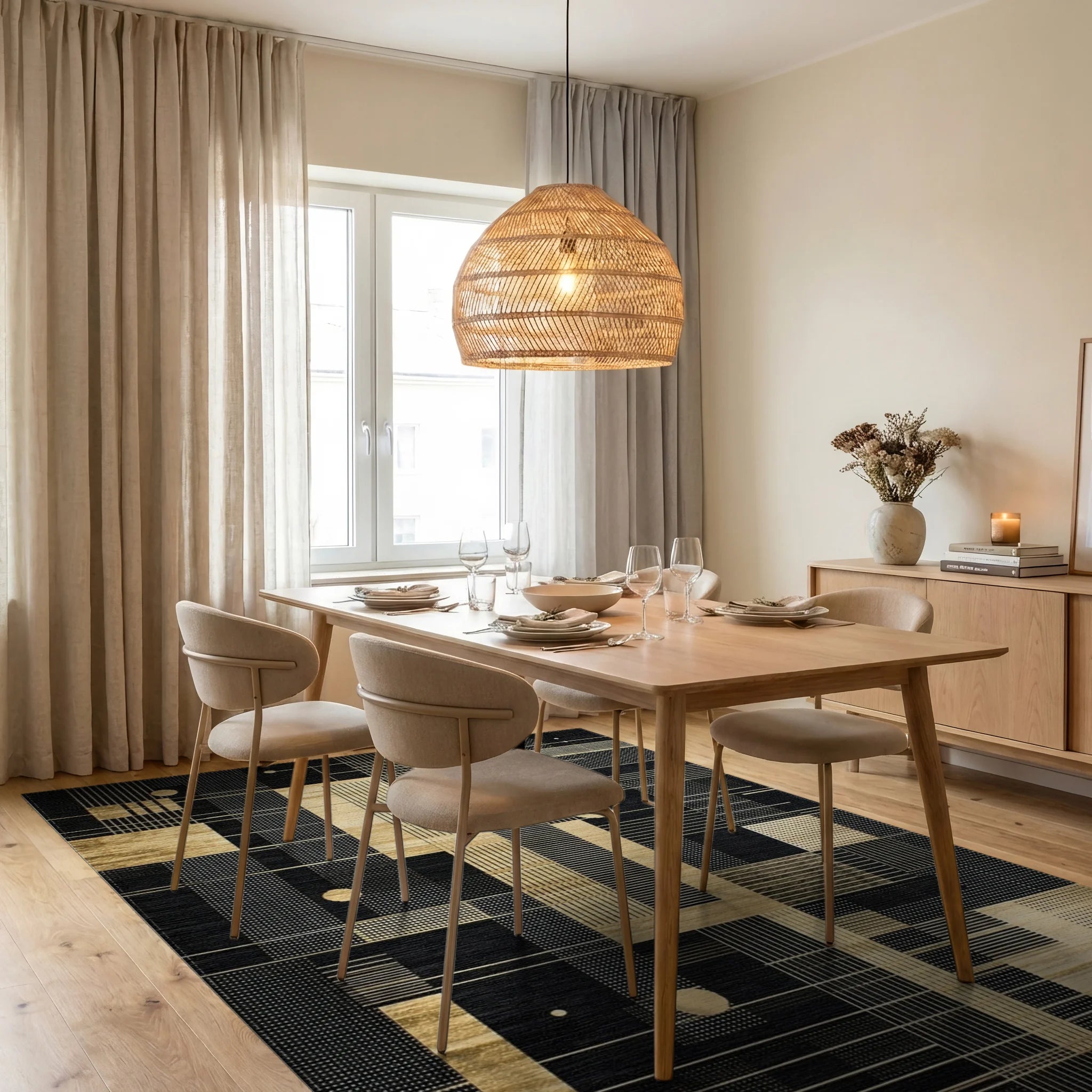 Modern Black Gold Geometric Rectangles Rug Dining Room View