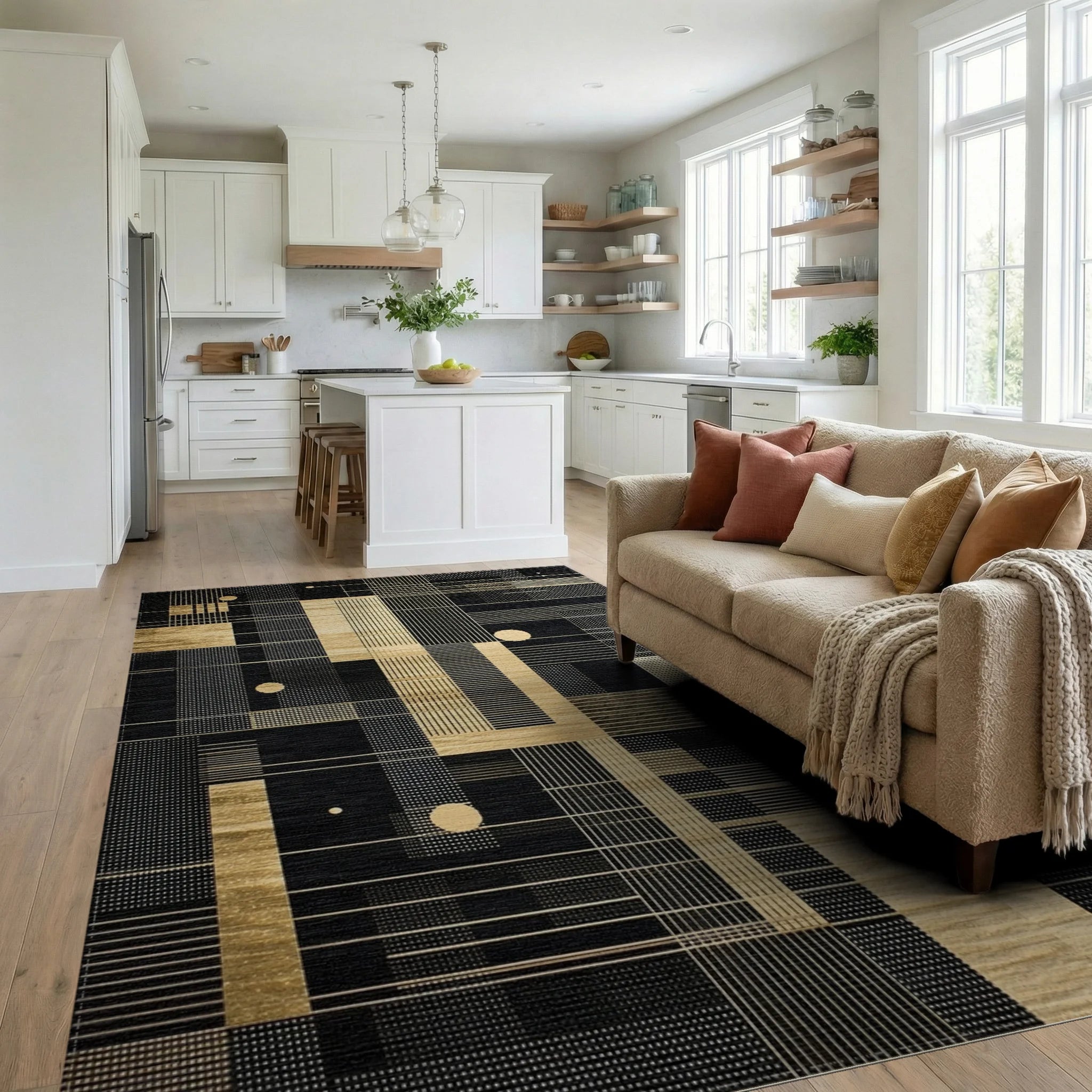 Modern Black Gold Geometric Rectangles Rug Living Room View