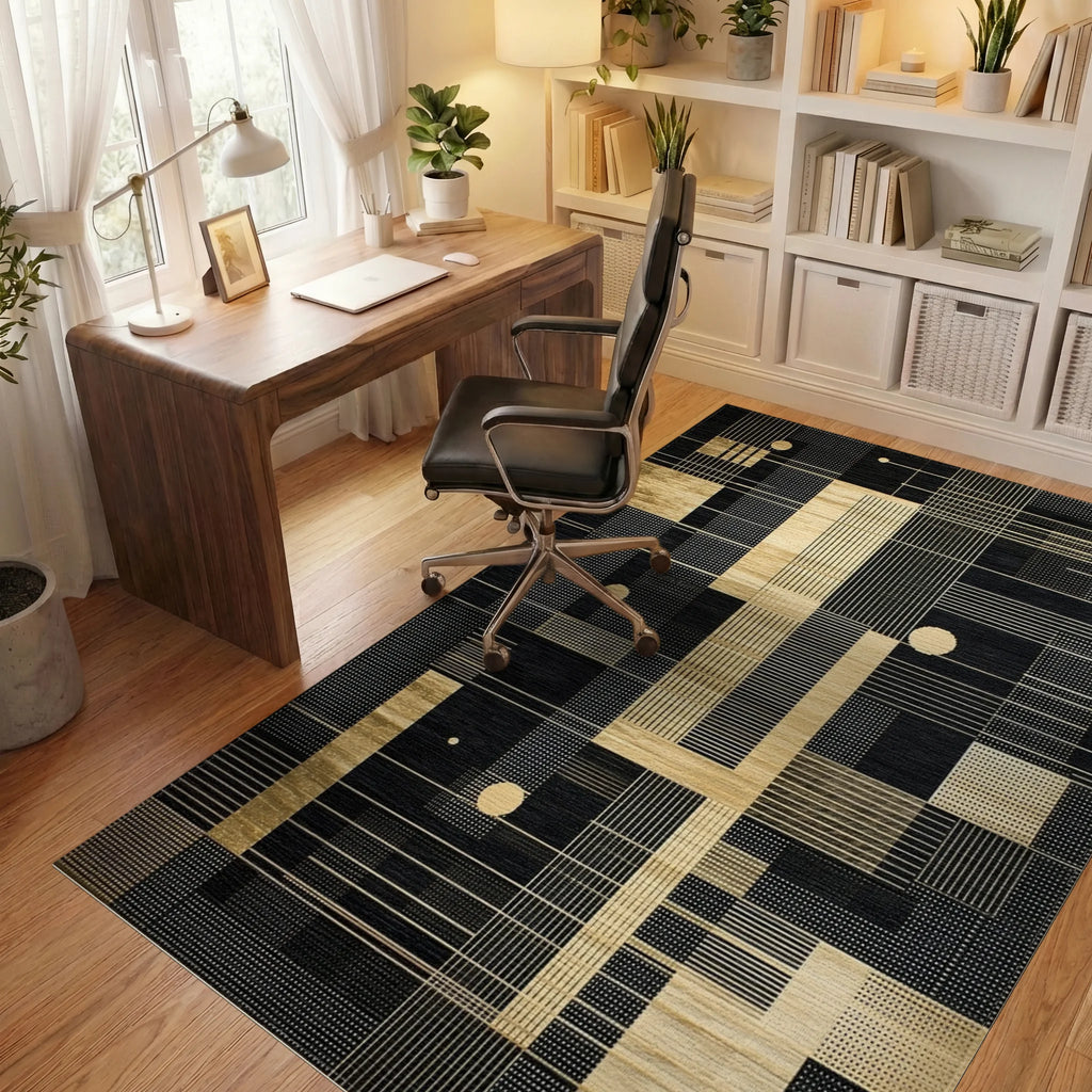 Modern Black Gold Geometric Rectangles Rug Office View