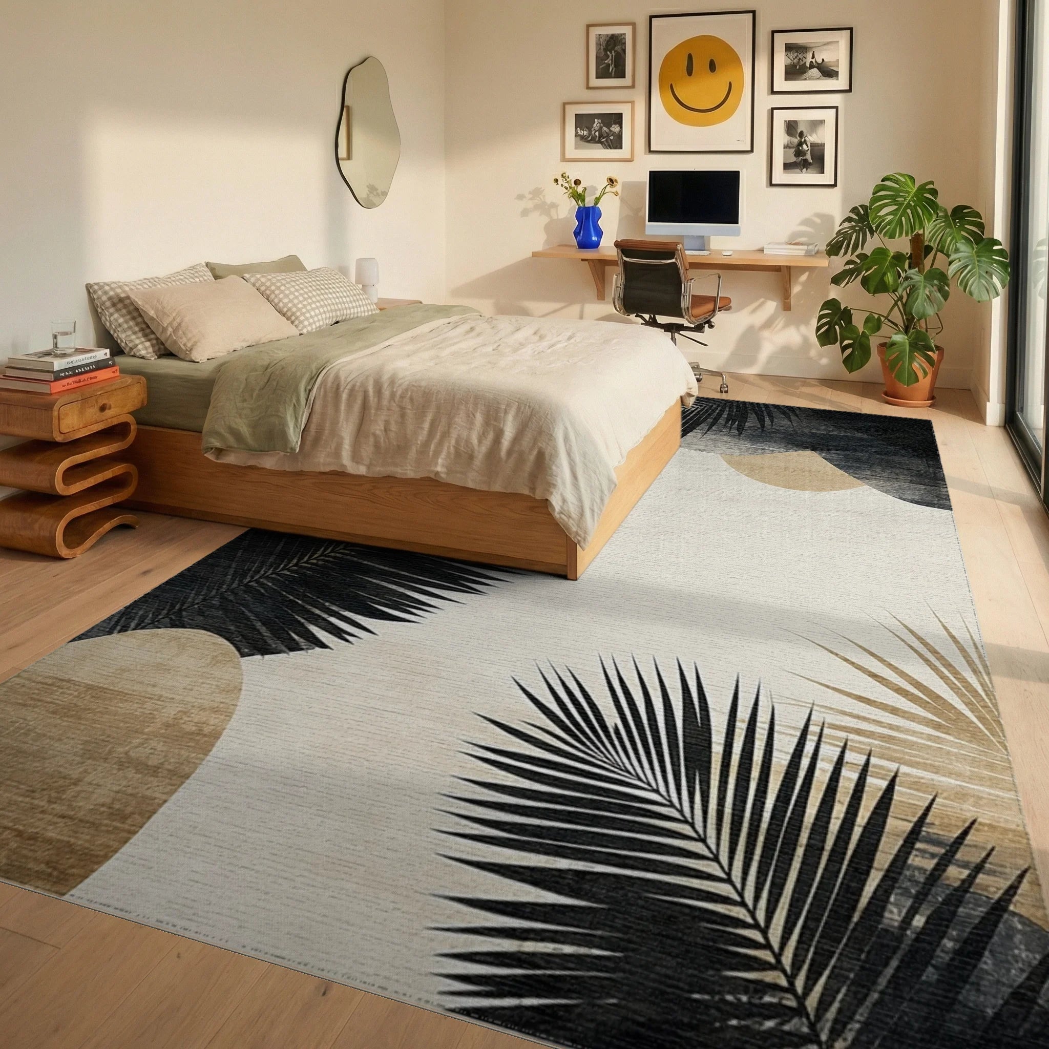 Modern Black Palm Leaf Abstract Shapes Rug - Bedroom View