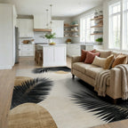 Modern Black Palm Leaf Abstract Shapes Rug - Living Room View