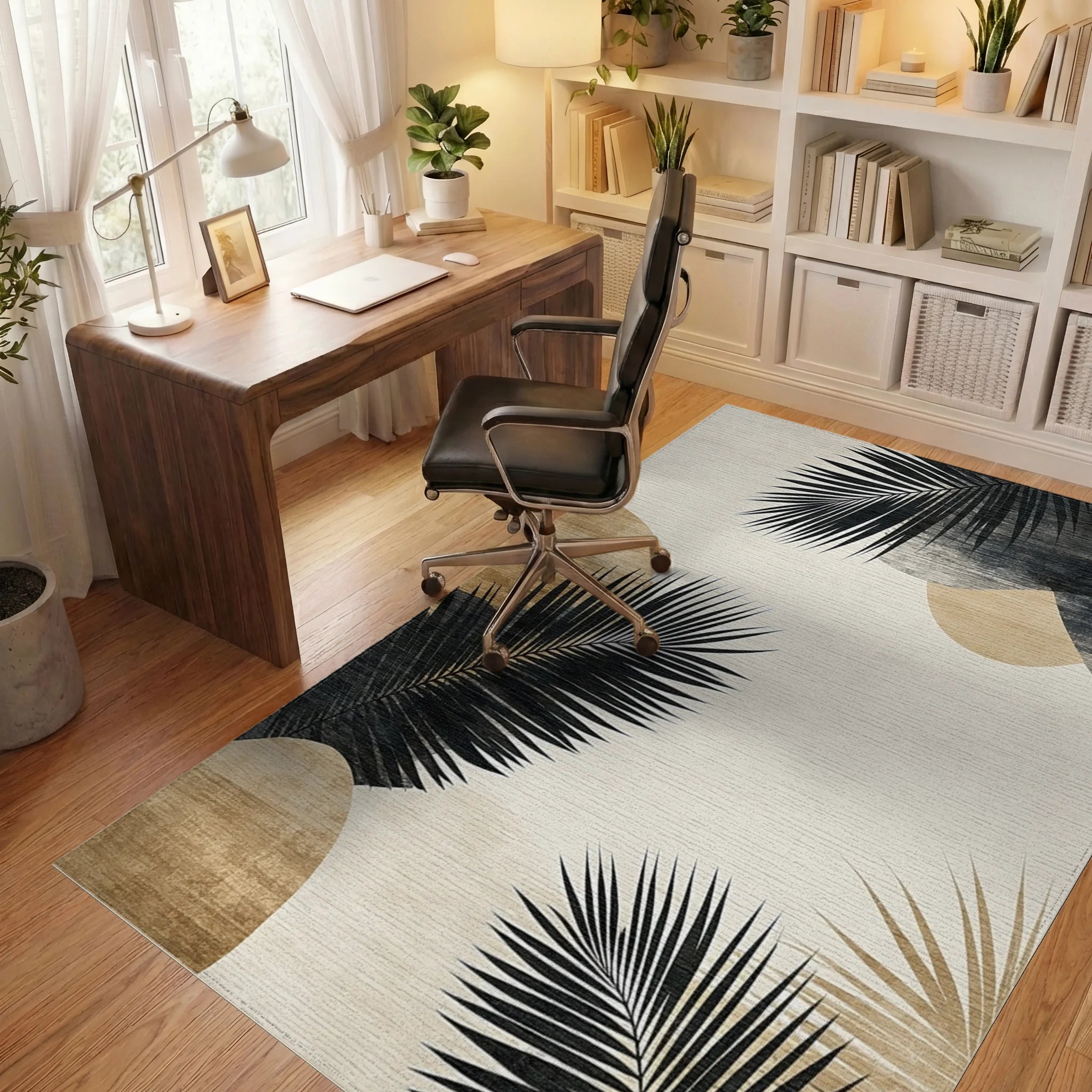 Modern Black Palm Leaf Abstract Shapes Rug - Office View