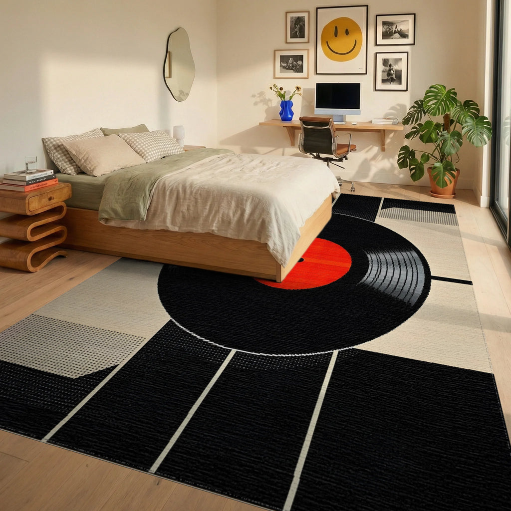 Modern Black Red Vinyl Record Rug - Bedroom View