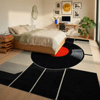 Modern Black Red Vinyl Record Rug - Bedroom View