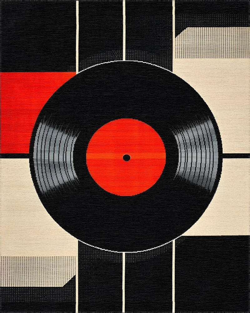 Modern Black Red Vinyl Record Rug - Cutout View