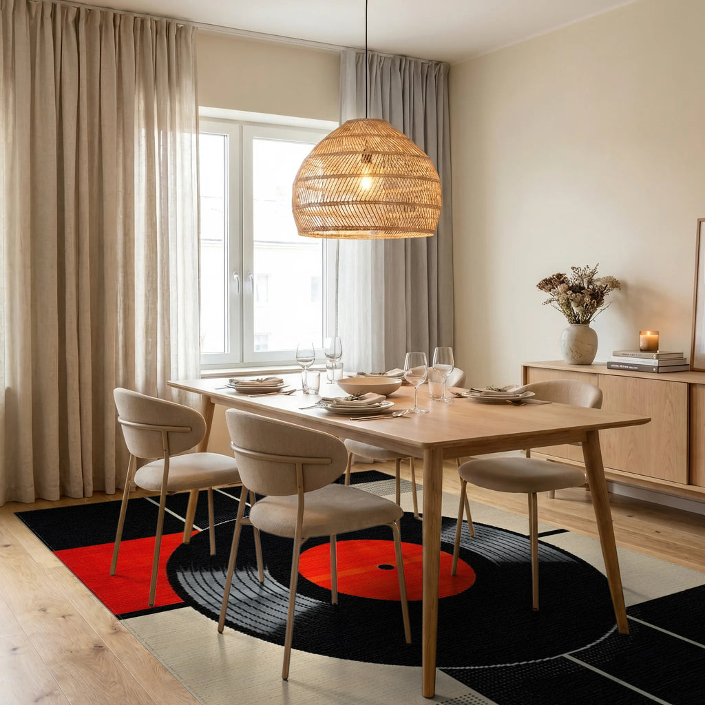 Modern Black Red Vinyl Record Rug - Dining Room View